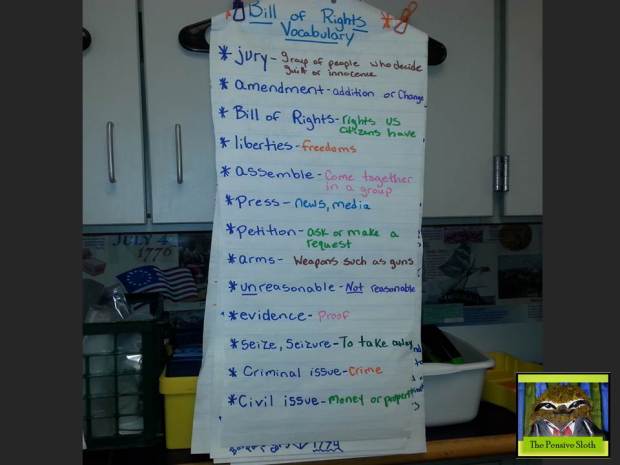 Our Bill of Rights word wall/anchor chart.  Very helpful to understand the language of the Bill of Rights. 