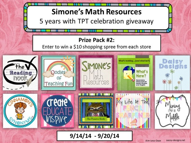 Giveaway 2 from Simone's Math Resources--Sept. 14-20, 2014. 