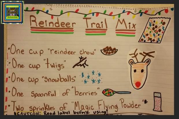 Reindeer Trail Mix Recipe Anchor Chart from The Pensive Sloth  (holidays in the upper elementary classroom)